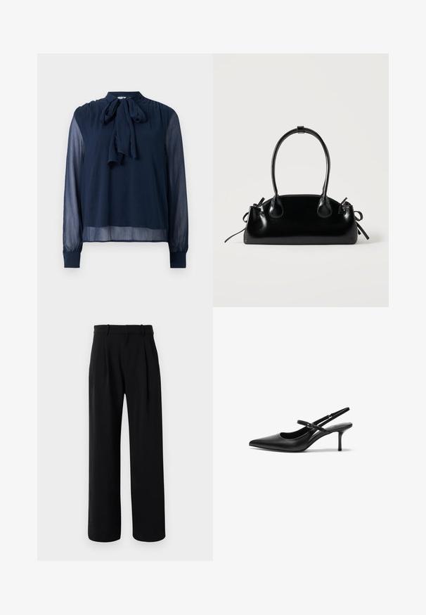 Blusa larga de manga larga en azul marino transparente con un lazo al cuello y puños abotonados, que presenta una tela ligeramente texturizada.; Pantalones rectos de tiro alto en negro con piernas anchas, presillas para cinturón y pliegues en la parte delantera sobre un fondo blanco.; Zapatos de tacón slingback de cuero negro con punta afilada, correa ajustable delgada y un tacón de aguja de aproximadamente 5 cm, textura suave.; Pequeño bolso negro brillante con dos asas largas y detalles de cordón lateral sobre un fondo claro liso.