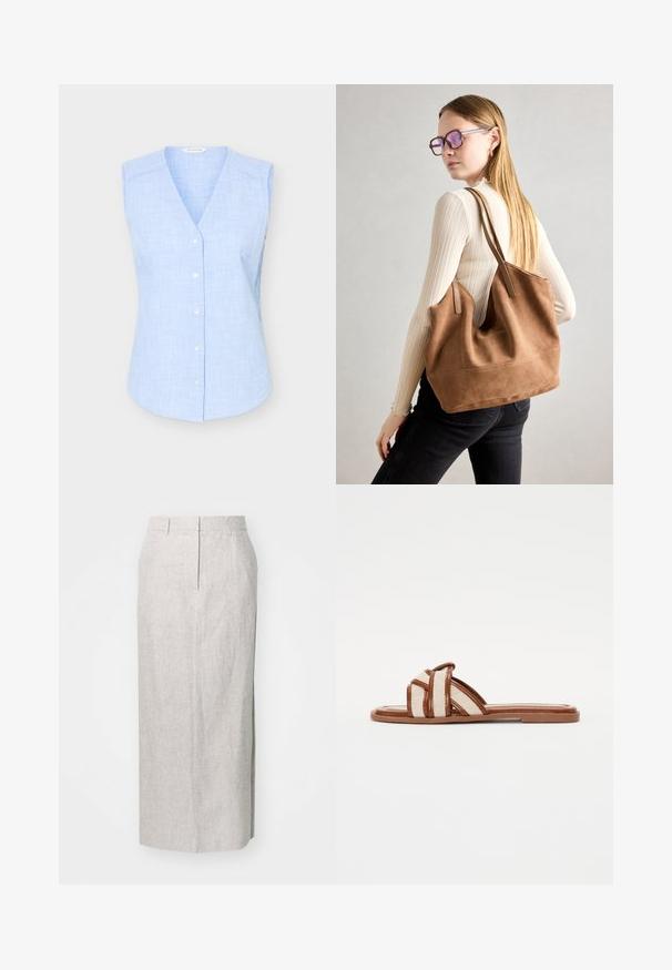 Chemisier sans manches à carreaux bleu clair, boutonné, avec un col en V et de petits boutons blancs, présenté sur fond uni.; Jupe crayon de longueur genoux, gris clair, en tissu texturé, avec une taille ajustée, des détails de couture subtils et sans fermetures visibles.; Sandales plates brunes avec de larges sangles en tissu tressé, dotées d'une semelle synthétique lisse et d'un design minimaliste.; Sac fourre-tout en daim marron avec une texture douce, grande ouverture et longues sangles. Présente un design simple avec des coutures visibles et sans matériel.