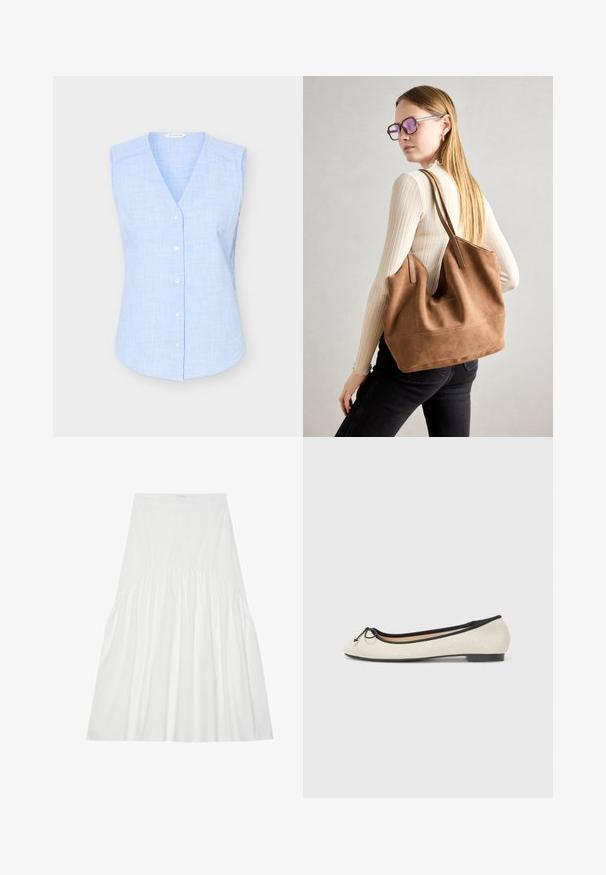 Chemisier sans manches à carreaux bleu clair, boutonné, avec un col en V et de petits boutons blancs, présenté sur fond uni.; Jupe blanche, arrivant au genou, en coton. Présente des détails froncés à la taille, une texture lisse et une silhouette A-line simple et classique.; Ballerine en textile beige avec une bordure noire. Affiche un bout arrondi et un petit nœud en accent sur le devant. Semelle basse.; Sac fourre-tout en daim marron avec une texture douce, grande ouverture et longues sangles. Présente un design simple avec des coutures visibles et sans matériel.