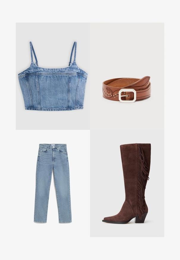 Denimblaues, kurzes Tanktop mit dünnen, verstellbaren Schulterriemen und vertikalen Nahtdetails auf der Vorderseite.; Hellblaue Jeans mit geradem Schnitt, fünf Taschen, vorderem Knopfverschluss und sanften Ausbleichungen am Oberschenkel. Klassische Denim-Struktur.; Braune Wildleder-Kniehohe Stiefel mit Fransenapplikationen an der Seite und einem gestapelten Blockabsatz.; Brauner Ledergürtel mit silberner rechteckiger Schnalle, dekorativen schwarzen Wirbeln und kleinen silbernen Nieten, zusammengerollt auf weißem Hintergrund.