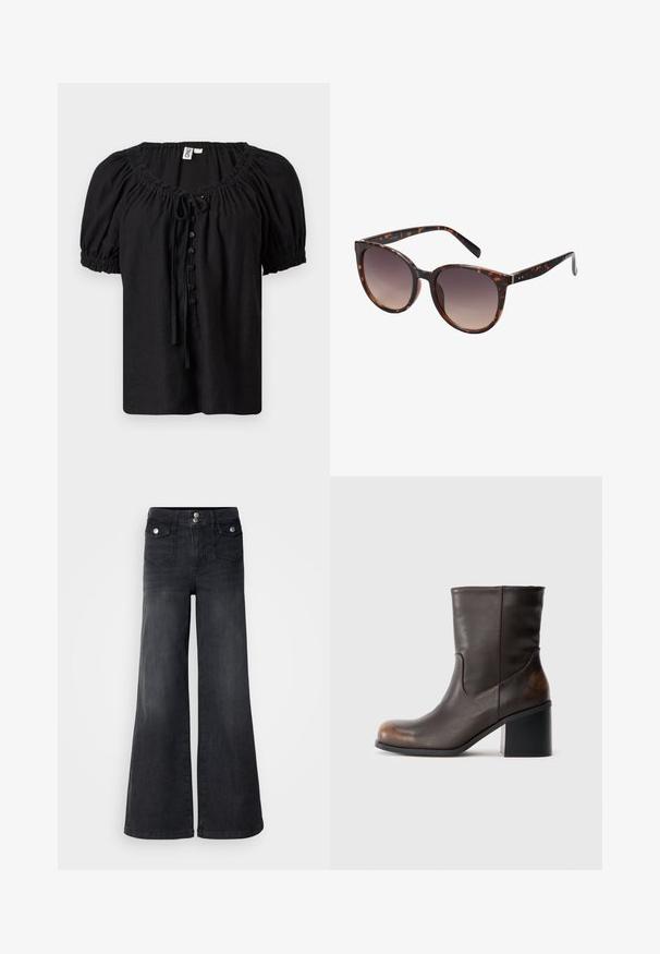 Zwarte blouse met korte mouwen, geplooide halslijn, knoopsluiting aan de voorkant, strikdetail en puffmouwen met elastische manchetten.; Zwarte denim wijd uitlopende jeans met een hoge taille, voorste knopen en twee voorzakken; soepele textuur met een lichte vervaging.; Donkerbruine leren laars tot halverwege het kuit met een ronde neus en blokhak, met subtiele slijtageplekken op de neus en hak.; Tortoisesschild zonnebril met grote ronde monturen, gradient lenzen en gladde zwarte armen met subtiele accenten en metalen hardware.