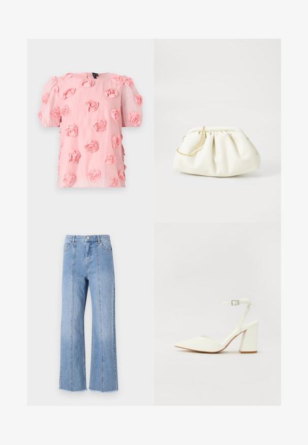Rosa Stofftop mit kurzen Puffärmeln, versehen mit dreidimensionalen Stoffrosen-Applikationen, die gleichmäßig auf der Vorderseite verteilt sind. Mit Knopfverschluss hinten.; Hellblaue Denim-Hosen mit weitem Bein und hoher Taille, mit Frontnähten und rohem Saum. Sie verfügen über einen klassischen Knopf- und Reißverschlussverschluss an der Taille.; Weißer sandal mit Absatz und spitzem Zehenbereich, verstellbarem Knöchelriemen und chunky quadratischem Absatz. Glatte Textur mit minimalen Nähdetails.; Weiße Lederhandtasche mit einem gerafften Design, ausgestattet mit einem goldenen Kettenriemen und einer runden Form. Glatte Textur mit sanften Falten und ohne Muster.