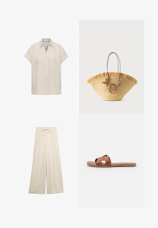 Beige linnen overhemd met korte mouwen, knopen en kraag, gelabeld "Cecil", afgebeeld tegen een witte achtergrond.; Beige linnen broek met wijde pijpen, elastische tailleband en aantrekkoord, ontworpen voor een losse en comfortabele pasvorm.; Bruine platte sandaalslippers van soepel leer met een kruissprayontwerp, met een vlakke zool en een minimalistische stijl.; Grote geweven strooien tas met lichtbruine leren handvatten, franjes aan de bovenkant en een ronde MK-logo hanger aan de voorkant.