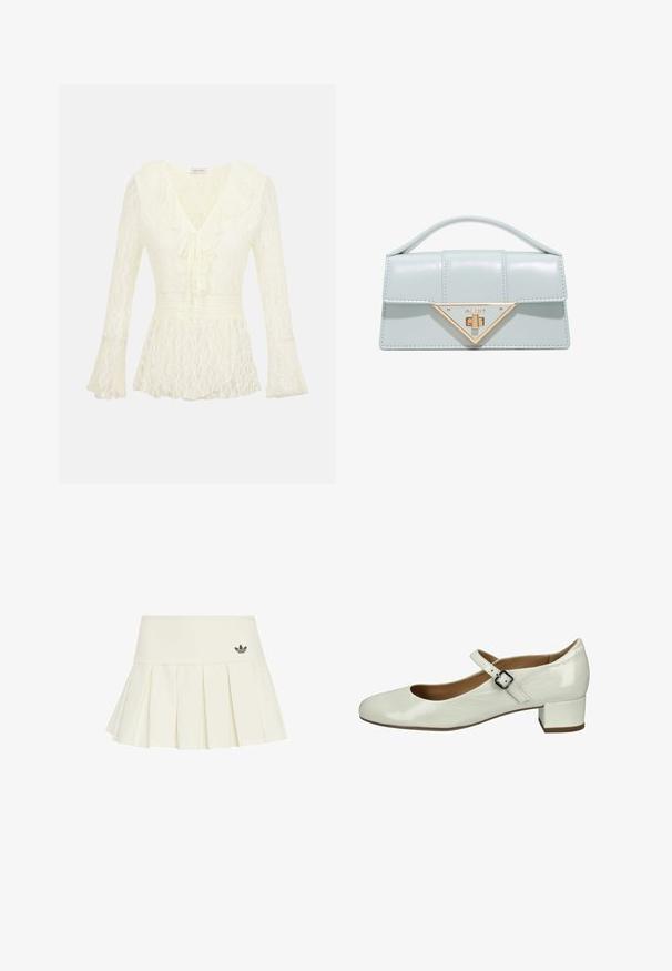 Blouse en dentelle ivoire à manches longues avec col en V, col à volants, lien devant, taille smockée et poignets évasés.; adidas Originals Minijupe - off white; Chaussure Mary Jane en cuir verni blanc avec un bout rond, un talon carré plat et une sangle réglable avec un détail de boucle en argent.; Petit sac à main bleu clair avec poignée supérieure et fermoir triangulaire doré sur le rabat avant, présenté sur fond blanc.