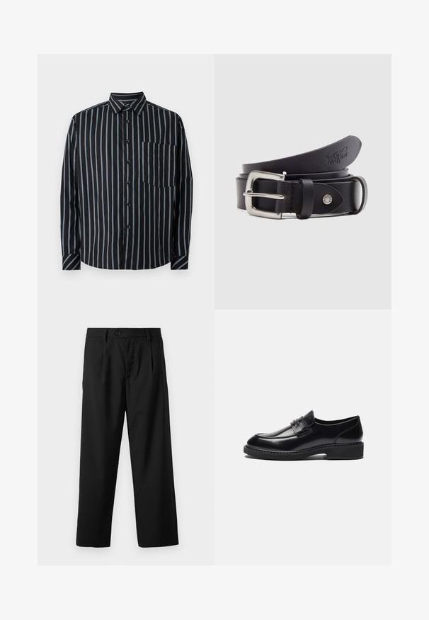 Sort button-up skjorte med blå lodrette striber, lange ærmer, krave og en brystlomme. Glat stof, afslappet pasform, standard knapper.; Sorte bukser med lige pasform, der har en enkelt knaplukning, to for-lommer og en glat, let stofstruktur.; Zign by Zalando LEATHER - Business loafers - black; Sort læderbælte med spænde i sølvmetal, en trykknap til justering og prægede detaljer på læderet. Glat tekstur over det hele.