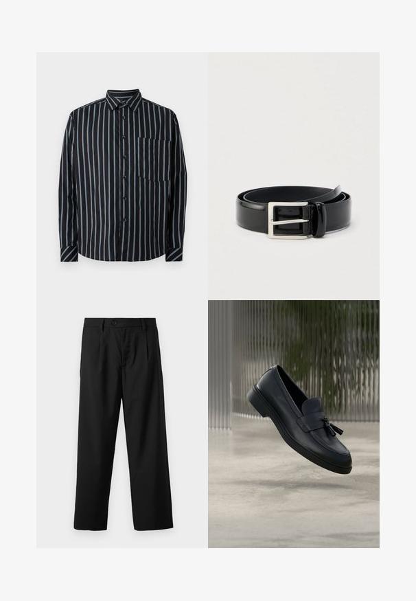 Sort button-up skjorte med blå lodrette striber, lange ærmer, krave og en brystlomme. Glat stof, afslappet pasform, standard knapper.; Sorte bukser med lige pasform, der har en enkelt knaplukning, to for-lommer og en glat, let stofstruktur.; Sorte læderloafers med en glat tekstur, en rundet tå og dekorative kvaster foran. Fleksibel gummisål med lav hæl.; Rullet sort blankt læderbælte med en sølvfarvet rektangulær metalspænde på en ensfarvet lys baggrund.