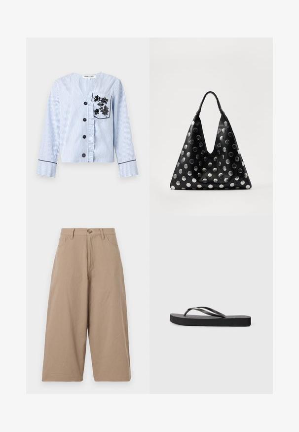 Chemise à manches longues bleu clair et blanc à fines rayures, avec boutons noirs, patte de boutonnage froncée et broderie florale noire sur la poche poitrine.; Pantalons larges kaki en coton, dotés d'une taille haute, de poches frontales et d'une fermeture à bouton unique. Texture lisse et coupe droite.; Tongs en caoutchouc noir avec une semelle plate, un lit de pied texturé et deux brides arrondies. Design minimaliste avec un profil élégant.; Sac en cuir noir de forme triangulaire, doté de pois métalliques argentés et d'une poignée texturée. Fini lisse dans l'ensemble.