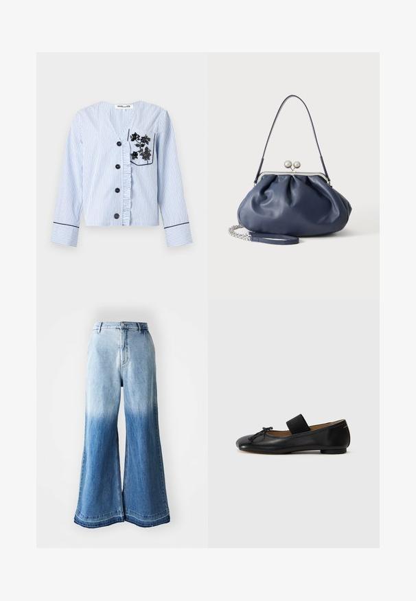 Lichtblauw-wit dun gestreept overhemd met lange mouwen, zwarte knopen, gerimpelde knoopsluiting en zwarte bloemrijke borduur op de borstzak.; Lichtblauwe denim broek met wijde pijpen, kenmerkend door een vervaagde gradient van licht naar donker, gestikte zoom en vijf zakken.; Zwarte leren balletschoenen met een ronde neus, een klein knoopdetail en een elastische band over de wreef voor een stevige pasvorm. Platte zool.; Zachte navyblauwe leren handtas met zilveren sluiting, enkele schouderband en afneembare ketting polsband op witte achtergrond.