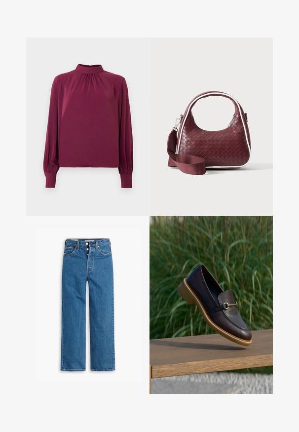 Langærmet bluse med høj hals i mørk burgunder stof; har samlingdetaljer ved halsudskæringen og tætsiddende manchetter. Glat tekstur.; Blå denim lige ben jeans med høj talje, fem lomme design og knaplukning. Markante syninger og kobberfarvede nitter.; Mørkebrun læderloafer med træsål og gulddetalje i metal, hængende over en træbænk med grøn græsbaggrund.; Mørkerød vævet lædertaske med buet hank, hvid kant, sølv lynlås og aftagelig bred stofskulderrem mod en ensfarvet baggrund.