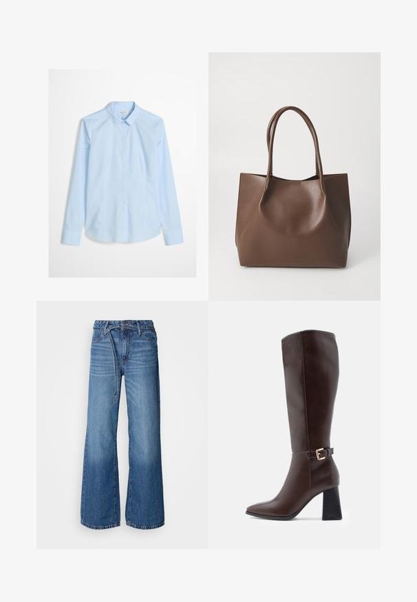 Chemise bleu clair à manches longues, col classique, avec un logo discret brodé sur la poitrine. Tissu lisse et net.; Jean large bleu clair en denim. Présente une taille haute, des coutures visibles et une ceinture à nouer. Texture décolorée vers le bas.; Bottines en cuir marron, montantes au genou, avec un bout pointu, un talon bloc et un accent en boucle dorée sur le côté. Texture lisse et design élégant.; Sac en cuir marron avec deux longues poignées, forme structurée, texture lisse et design minimaliste. Aucun matériel ni accent visible.