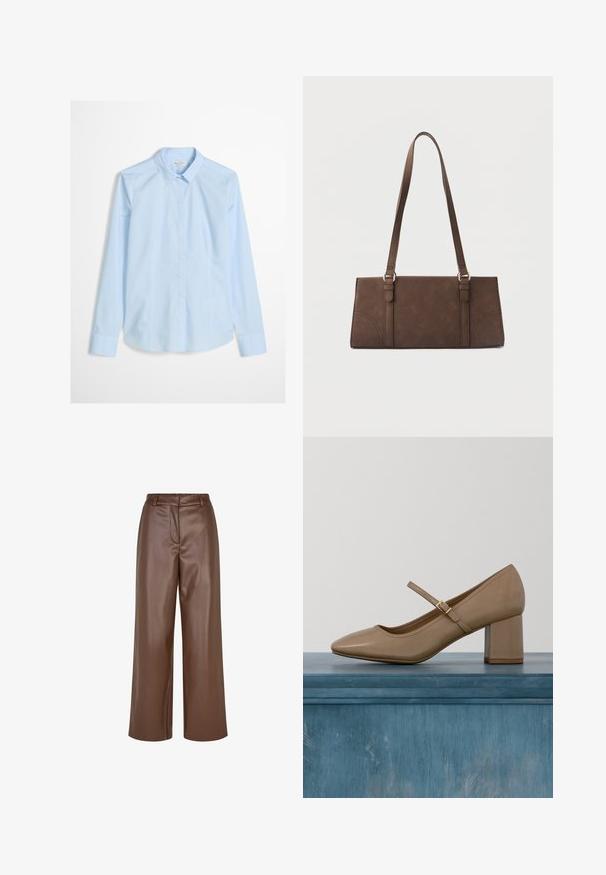 Chemise bleu clair à manches longues, col classique, avec un logo discret brodé sur la poitrine. Tissu lisse et net.; Pantalons larges en simili cuir marron avec une texture lisse, des passants de ceinture et un pli avant au niveau de la taille.; Escarpin en cuir beige à talon bloc avec bout arrondi et une bride décorative avec une boucle dorée. Texture lisse, design minimaliste.; Sac à bandoulière rectangulaire marron avec longues sangles et détails de couture minimalistes sur un fond uni.