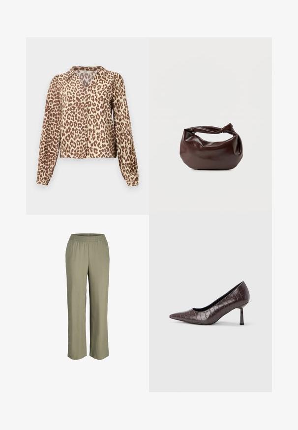 Camisa de estampado de leopardo en beige y marrón, con cuello, mangas largas y botonadura frontal. Tejido suave con un brillo sutil y un corte relajado.; Pantalones sueltos de color verde oliva claro, con una cintura elástica, diseñados en una tela suave y ligera, con piernas rectas.; Tacones puntiagudos de cuero sintético marrón con textura de cocodrilo, con un tacón delgado y angular y un forro interior suave.; Bolso de hombro de cuero marrón oscuro con una forma suave y caída, y un asa con nudo torcido sobre un fondo blanco liso.