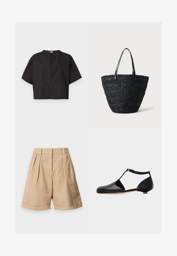 Haut noir à manches courtes et coupe droite avec manches larges et une petite fente en V à l’avant, présenté sur un fond blanc uni.; Shorts en lin beige avec une taille haute, deux plis à l'avant et des ourlets roulés. Texture lisse avec un design ajusté.; Chaussure noire en cuir à talon bas, bride en T, bout arrondi, côtés ajourés, bride de cheville avec boucle dorée sur fond gris clair.; Sac cabas tissé noir avec deux fines poignées en cuir et un logo tressé discret à l'avant, posé sur un fond clair.