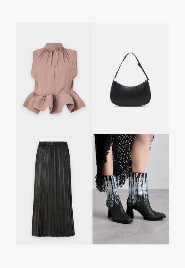 Haut sans manches dans un rose poussiéreux avec un col haut, un décolleté froncé et un ourlet volanté évasé, fabriqué en tissu léger et lisse.; Jupe plissée noire en matériau synthétique avec une taille élastique et des plis verticaux, présentant un détail de couture en V à l'avant.; Bottines en cuir noir avec un talon épais, dotées d'un motif numérique bleu distinctif et d'une fermeture éclair sur le côté.; Pieces PCALUANA SHOULDER BAG - Sac à main - black