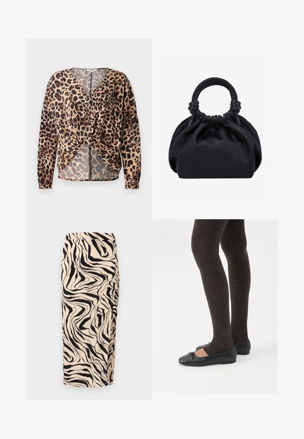 Blouse à imprimé léopard avec décolleté en V, manches longues, devant noué et détails en bouton. Confectionnée dans un tissu léger et texturé.; Jupe beige mi-longue avec un motif zèbre noir. Elle présente des détails froncés sur le côté et un tissu texturé.; Jambes portant des leggings côtelés foncés associés à des ballerines noires avec de petits détails en nœud sur fond blanc.; Sac à main en tissu noir doux avec dessus froncé et poignées arrondies nouées à la base, sur un fond clair uni.