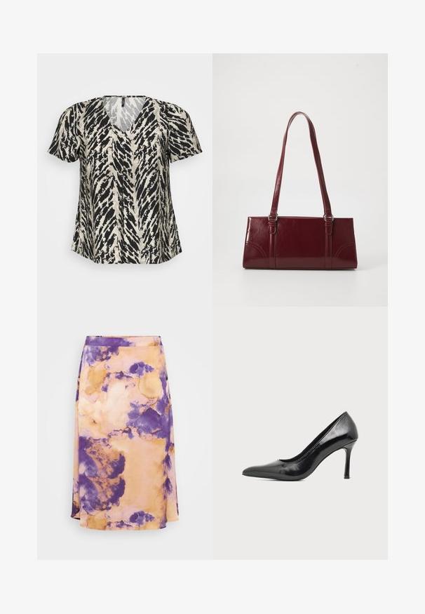 T-shirt à manches courtes avec un décolleté en V, arborant un motif à rayures tigre noir et crème. Le tissu semble léger et fluide.; Jupe midi en tie-dye violet et orange en tissu doux, avec une forme évasée et une texture subtile, dotée d'une taille lisse et d'un design fluide.; Chaussure à talon haut pour femme en cuir verni noir avec bout pointu et talon fin sur fond clair uni.; Sac à main bordeaux en matériau brillant, de forme rectangulaire, avec deux anses et des accents légèrement courbés à l'avant.