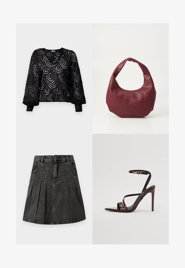 Pull en dentelle noire avec un col en V, des manches longues et un motif découpé complexe comportant des lignes courbes et des points, avec des manches côtelées.; Jupe en denim noir avec un design plissé, des passants de ceinture, des poches avant et une fermeture à boutons. Texture lisse avec un léger éclat.; Sandale à talons hauts en cuir verni bourgogne avec une bride de cheville, bout pointu et trois bandes horizontales sur le pied. Détail de boucle dorée.; Sac à main tissé bordeaux avec une silhouette arrondie, une seule poignée et une finition texturée. Fermeture zippée en haut.