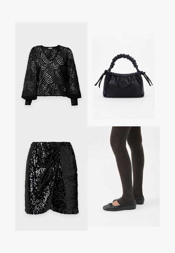 Jersey negro de encaje con escote en V, mangas largas y un intrincado patrón de corte con líneas curvas y puntos, con puños acanalados.; Mini falda de lentejuelas negras con cintura elástica. Presenta un diseño drapeado, superficie brillante y un dobladillo ondulado para añadir textura.; Piernas con leggings oscuros acanalados combinados con bailarinas negras que presentan pequeños detalles de lazo sobre un fondo blanco.; Bolso negro con textura de cocodrilo, borde superior fruncido, asa recogida y cordones con borlas en cada lado sobre un fondo blanco.