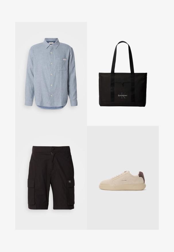 Lyseblå stribet skjorte med knapper, lavet af bomuldsstof, lange ærmer, spidse kraver, enkelt brystlomme og logoetiketdetalje.; Svarte cargo-shorts lavet af letvægtsstof. Har knap- og lynlåslukning, to sidelommer til cargo og syningdetaljer.; Beige ruskind sneakers med rund tå, snørret foran og en brun ruskindsdetalje på hælen. Har en tekstureret gummisål.; Sort Calvin Klein tote taske med to lange håndtag og lomme foran, med mærkets logo i hvid og grå.