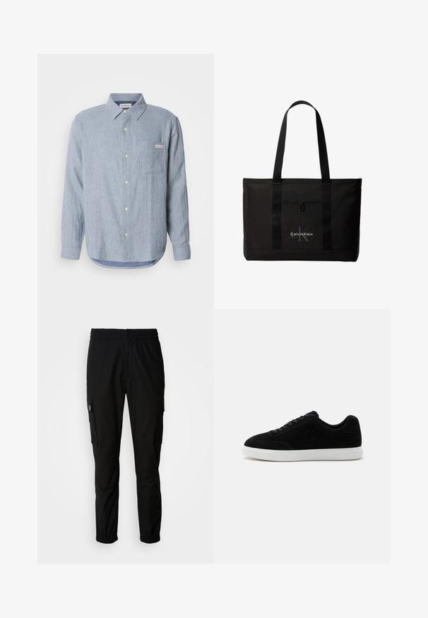 Camisa de botones rayada de color azul claro, tejido de algodón, mangas largas, cuello puntiagudo, un bolsillo en el pecho y detalle de etiqueta con logo.; Pantalones cargo negros de tela, con cintura elástica, cierre de botón y múltiples bolsillos laterales con solapas.; Zapatilla negra de corte bajo con cordones delanteros, logo sutil "ck" en el lateral y suela gruesa de goma blanca sobre fondo claro y liso.; Bolso tote negro de Calvin Klein con dos asas largas y bolsillo delantero, con el logo de la marca en blanco y gris.