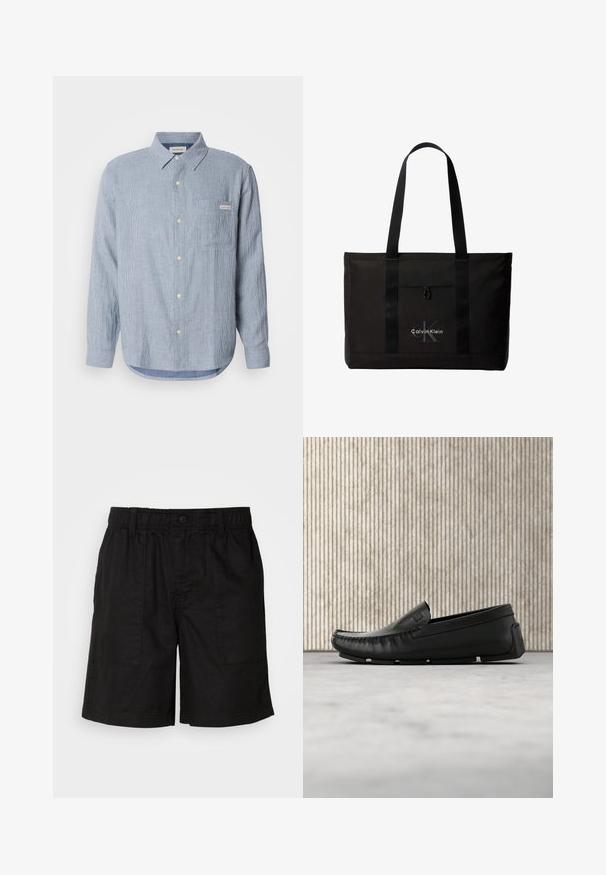 Camisa de botones rayada de color azul claro, tejido de algodón, mangas largas, cuello puntiagudo, un bolsillo en el pecho y detalle de etiqueta con logo.; Pantalones cortos negros con una cinturilla elástica y cierre de botón. Cuenta con dos grandes bolsillos laterales de tela texturizada. Diseño casual.; Zapato mocasín de cuero negro flotando sobre un suelo alfombrado beige junto a una mesa de cristal redondeada de color ámbar.; Bolso tote negro de Calvin Klein con dos asas largas y bolsillo delantero, con el logo de la marca en blanco y gris.