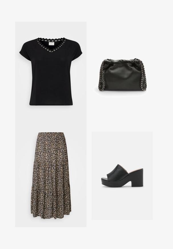 Sort T-shirt med kapærmer, V-hals, med en bølget blondekant i hvid og sort. Blødt stof, afslappet pasform, minimalistisk design.; Maxi nederdel med leopardprint, elastisk talje, lagdelt design og blødt, let materiale i nuancer af brun, sort og beige.; Sorte læder open-toe mules har et bredt forreste strop og en chunky, høj platformhæl med en glat tekstur. Vist fra siden.; Sort lædertaske med en rynket top, prydet med en kædestrop. Har en glat overflade og en rektangulær form.