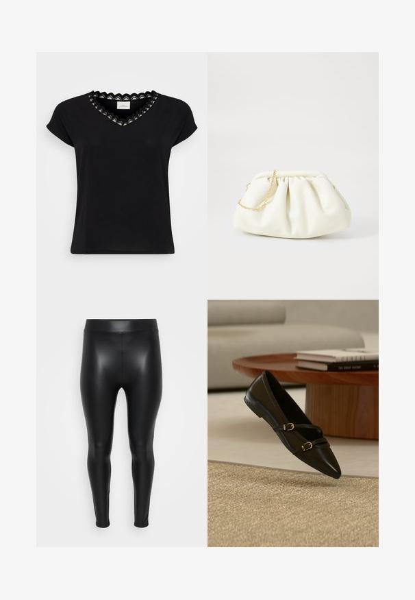 Sort T-shirt med kapærmer, V-hals, med en bølget blondekant i hvid og sort. Blødt stof, afslappet pasform, minimalistisk design.; Sorte leggings lavet af et glat, skinnende materiale. Høj talje, tætsiddende design, og ingen synlige sømme eller mønstre.; Sort flad sko med spids snude og to tynde remme med spænder, der svæver over et beige tæppe, med et bord i træ og bøger i baggrunden.; Hvid læderhåndtaske med en samlede design, forsynet med en guldkæde-strop og en rund form. Glat tekstur med bløde folder og ingen mønstre.