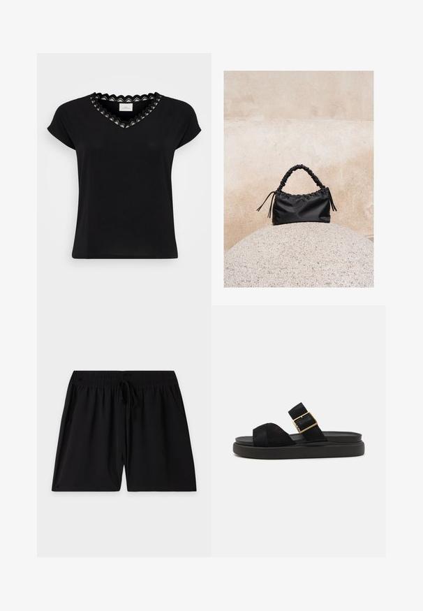 Zwarte T-shirt met kapmouwen, V-hals, voorzien van een geschulpte kantafwerking in wit en zwart. Zachte stof, losse pasvorm, minimalistisch ontwerp.; Zwarte shorts met elastische tailleband, verstelbaar trekkoord en zijzakken, plat neergelegd op een effen lichte achtergrond.; Zwarte suède sandaal met een open teen en een brede band, voorzien van een gouden gespaccent op een afgeronde zwarte zool. Flat ontwerp met minimale details.; Zwarte gerimpelde handtas met een samengevoegde handvat, rustend op een gestructureerde stenen bol tegen een beige betonnen muur.