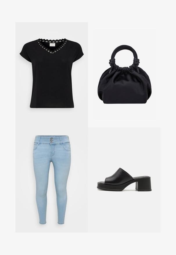 Sort T-shirt med kapærmer, V-hals, med en bølget blondekant i hvid og sort. Blødt stof, afslappet pasform, minimalistisk design.; Lysblå skinny jeans lavet af denim. Har tre-knaps lukning, to frontlommer og en glat tekstur.; Sorte læder platform sandals med rund åben tå, lav blokhæl og glat tekstur. Minimalistisk design med elegante linjer.; Sort blød stofhåndtaske med samlet top og cirkulære polstrede håndtag bundet med knuder på hver side.