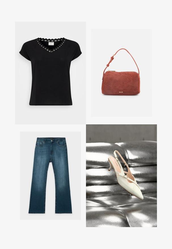 Sort T-shirt med kapærmer, V-hals, med en bølget blondekant i hvid og sort. Blødt stof, afslappet pasform, minimalistisk design.; Blå jeans med lige ben, foran- og baglommer, knap- og lynlåslukning og subtile falmede detaljer på lår og knæ.; Hvid slingback sko med kitten heel og spænder, der hviler på en skinnende sølvfarvet læderpolstret overflade.; Brun ruskind rektangulær håndtaske med justerbar rem og gyldent lynlås, mærket "RAID" i små gyldne bogstaver foran.