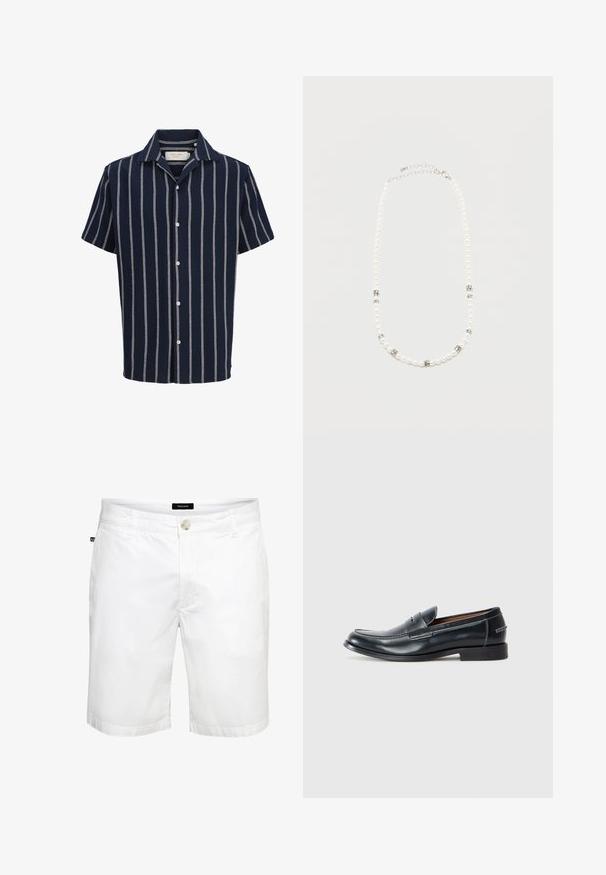 Chemise bleu marine à manches courtes, boutonnée, à rayures verticales blanches et col ouvert, présentée sur fond uni.; Shorts en coton blanc avec une coupe droite, dotés d'une fermeture à bouton à l'avant et de poches standard, texture lisse et design épuré.; Mocassins en cuir noir avec un bout arrondi, présentant des détails de couture blanche et un talon légèrement surélevé. Fini lisse, design simple.; Collier de perles blanches avec des intercalaires en strass argentés et un fermoir chaîne en argent, présenté sur un fond clair uni.