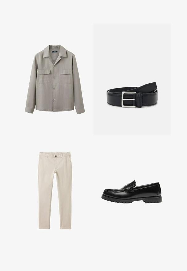 Chemise à manches longues gris clair avec deux poches à rabat à l'avant et un col pointu, présentée sur un fond blanc.; Pantalon beige clair en tissu lisse, doté d'une coupe droite, de poches avant, d'une fermeture à bouton unique et d'un ourlet net.; Mocassin en cuir noir avec une semelle en caoutchouc épaisse et un détail classique de bride à monnaie, vu de côté extérieur.; Ceinture en cuir noir avec une boucle en argent, design plat, texture lisse et couture contrastante le long du bord.