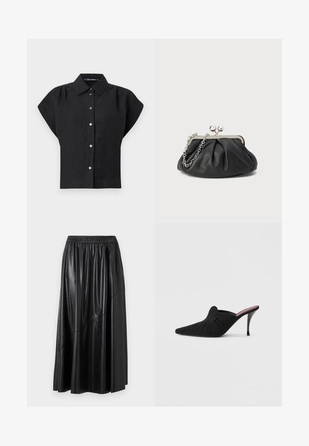 Blouse noire à manches courtes avec boutons, col large et fronces subtiles aux épaules, étiquetée Karl Lagerfeld.; Jupe midi noire en simili cuir avec taille élastique et détail de couture diagonale, suspendue sur un fond clair uni.; Mule noir à talon haut avec bout pointu, tissu doux à texture froncée sur le devant et talon aiguille fin.; Porte-monnaie en cuir noir avec texture froncée, cadre en métal argenté, fermeture à verrouillage kiss-lock et bandoulière en chaîne. Surface lisse et douce.
