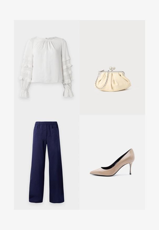 Blouse blanche à manches longues avec des manches à volants, des poignets froncés et un léger froncé au col rond.; Pantalons larges bleu marine avec une finition texturée, une ceinture élastique et deux poches arrière. Fabriqués en tissu léger et respirant.; Chaussure à talon haut pointu en cuir verni beige avec talon aiguille fin et doublure intérieure noire sur fond blanc.; Pochette en cuir beige plissé avec un cadre en métal argenté, dotée de deux fermoirs ronds décoratifs et d'une chaîne en argent.