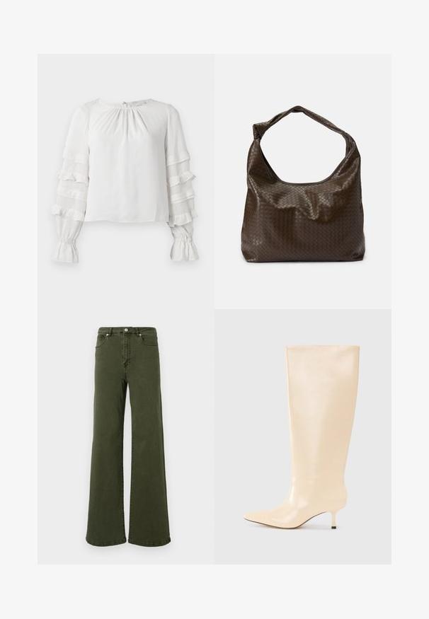 Hvid langærmet bluse med volangtierede ærmer, smockede manchetter og let rynkning ved den runde halsudskæring.; Olivengrønne flared jeans lavet af bomuld, med høj talje, fem lomme-design, metalknap og stikninger langs sømmene.; Knæhøj beige læderstøvle med en slank, glat finish, spids tå og en lav, slank hæl. Har et minimalistisk design uden synlige dekorationer.; Brun flettet lædertaske med en blød, slasket form, et enkelt håndtag og en tekstureret overflade. Den har en blød, blank finish og afrundede kanter.