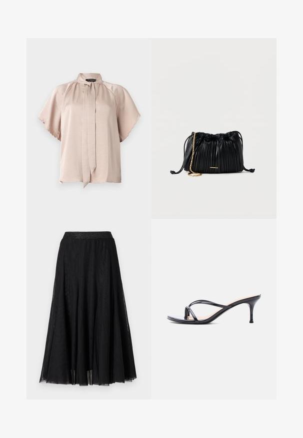 Beige satijnen blouse met korte gegolfde mouwen en een voorgeknoopte halsdetail, weergegeven op een effen lichtgrijze achtergrond.; Zwarte maxi rok met een gestructureerd, vloeiend ontwerp. Kenmerkt zich door een brede, glanzende tailleband en een gelaagd, doorschijnend materiaal voor een gracieuze uitstraling.; Zwarte laklederen sandaal met hakken, dunne gekruiste bandjes en een slanke, middelhoog stilettohak op een witte achtergrond.; Zwarte plissé leren handtas met trekkoord, gouden kettingriem en een klein horizontaal gouden accent aan de voorkant.