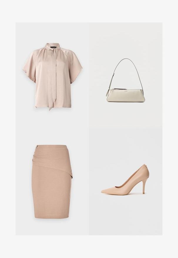 Beige satinbluse med korte bølgede ærmer og en knude foran ved halsen, vist på en ensartet lysegrå baggrund.; Beige knælang blyantskørt, lavet af ribbet stof, med en draperet forside og en sølvfarvet lynlåsdetalje i siden. Glat tekstur.; Beige læder højhælet sko med spids snude, glat tekstur og slank stilet-hæl. Minimalistisk design med slip-on stil.; Lille beige læder skuldertaske med tynd rem og lynlås, mærket med et diskret metal-logo på frontens midte.