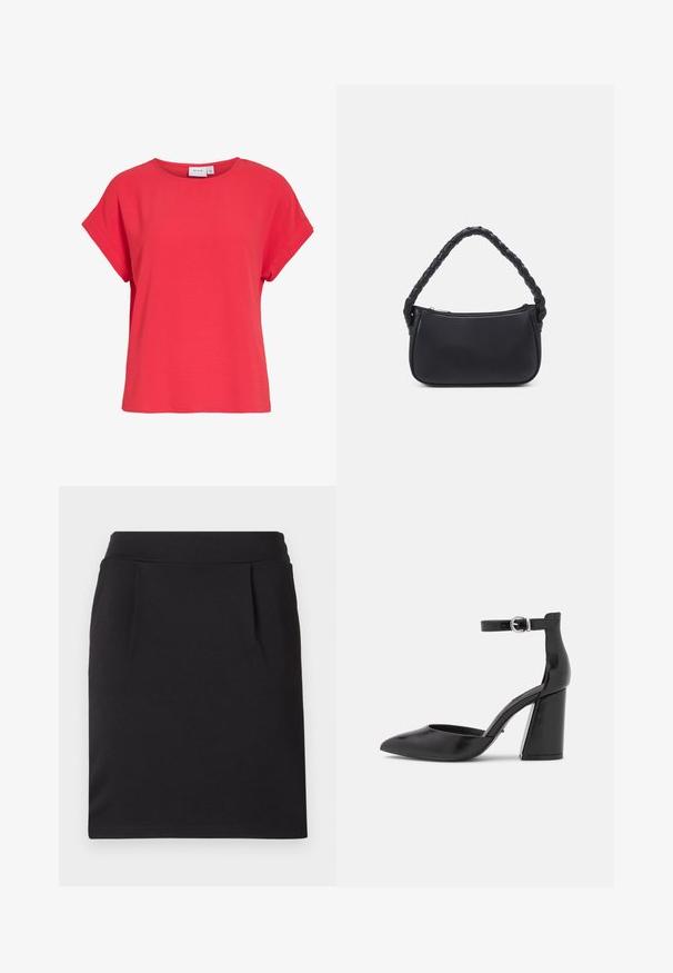 Top rouge pour femme à manches courtes, col rond et coupe décontractée, en tissu texturé, étiqueté "VILA" à l'intérieur du col.; Jupe crayon noire longueur genou avec une large ceinture et de subtils plis devant, faite en tissu lisse.; ONLY SHOES ONLPAVI - Escarpins - black; Sac à main noir de forme arrondie, en matériau lisse. Équipé d'une poignée tressée et d'une fermeture éclair pour un rangement sécurisé.
