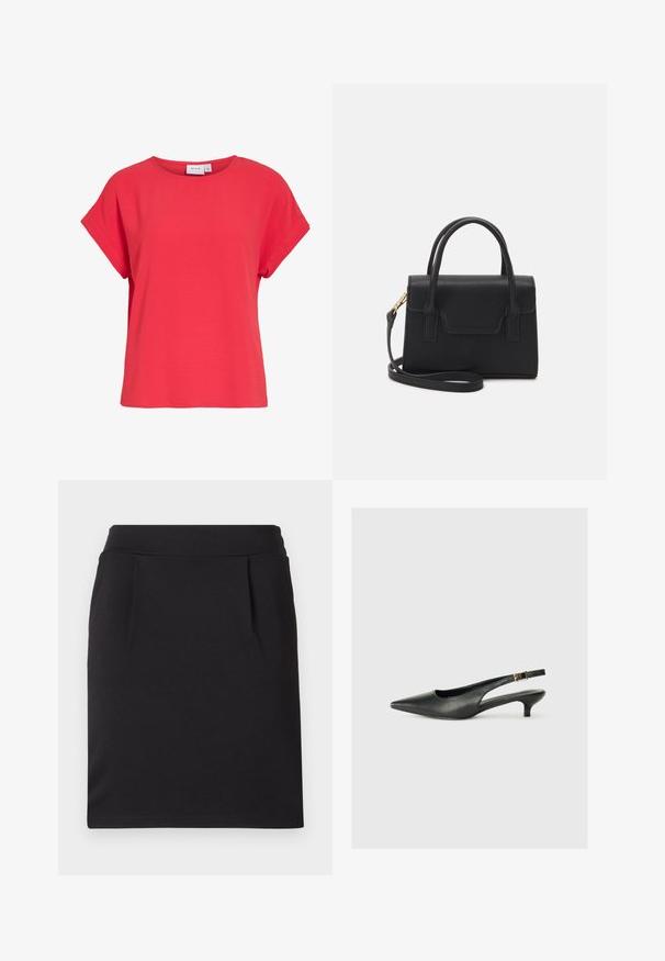 Top rojo de mujer de manga corta con escote redondo y corte holgado, hecho de tela texturizada, con etiqueta "VILA" en el interior del cuello.; Falda lápiz negra hasta la rodilla con una cinturilla amplia y sutiles pinzas frontales, hecha de tela suave.; Zapato de tacón slingback negro de punta afilada, hecho de cuero suave. Presenta un tacón delgado y un detalle de hebilla en la correa ajustable.; Bolso estructurado negro de cuero con un asa superior, correa de hombro desmontable y un detalle de tapa en la parte frontal. Acentos en dorado.