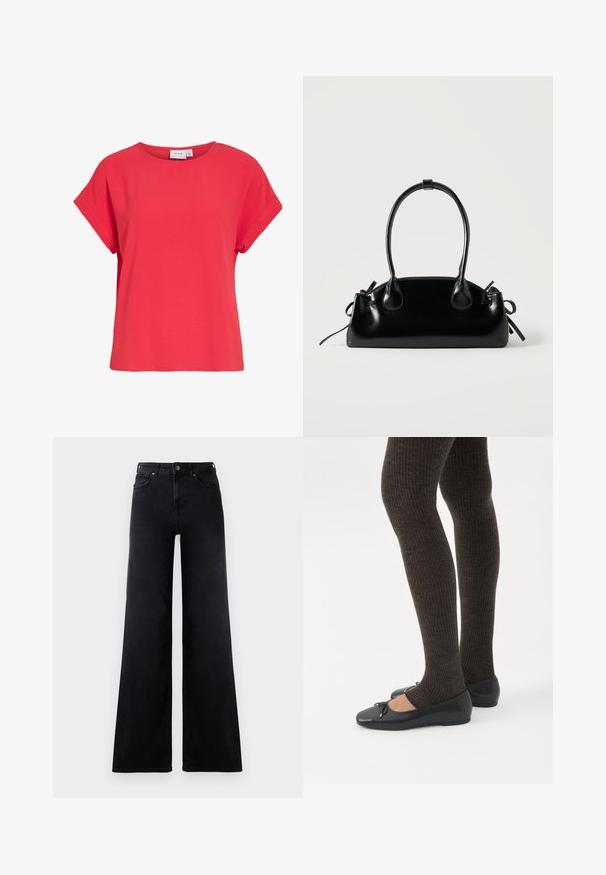 Rotes Damen-Top mit kurzen Ärmeln, rundem Ausschnitt und lockerer Passform, aus strukturiertem Stoff, mit dem Label „VILA“ innen im Kragen.; Hoch geschnittene schwarze weite Jeans mit vorderen Taschen, Gürtelschlaufen und einer Knopfleiste.; Beine in dunklen, gerippten Leggings kombiniert mit schwarzen Ballerinas mit kleinen Schleifendetails auf weißem Hintergrund.; Kleine schwarze glänzende Handtasche mit zwei langen Griffen und seitlichen Kordelzug-Details vor einfachem hellem Hintergrund.