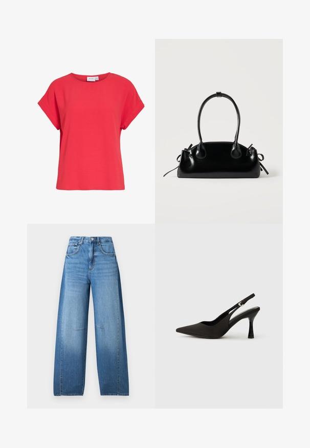 Top rojo de mujer de manga corta con escote redondo y corte holgado, hecho de tela texturizada, con etiqueta "VILA" en el interior del cuello.; Jeans de talle alto y pierna ancha en denim azul claro con un efecto desgastado, que cuentan con cierre de botón, cinco bolsillos y detalles de costura.; Zapatos de tacón negro tipo slingback con puntera afilada, acabado mate suave y un tacón delgado y brillante. Correa ajustable con detalle de hebilla pequeña.; Pequeño bolso negro brillante con dos asas largas y detalles de cordón lateral sobre un fondo claro liso.