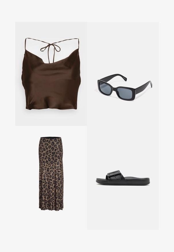 Camisole en satin marron avec un décolleté en V, des bretelles fines réglables et une fermeture à nouer dans le dos. Texture lisse et coupe ajustée.; Jupe en imprimé léopard brun et noir, présentant un design fluide avec un ourlet légèrement volanté, fabriquée en tissu léger et doux.; Sandale noire à semelle plate avec une large sangle, boucle ajustable et texture mate lisse. Design simple sans motifs supplémentaires.; Lunettes de soleil rectangulaires noires avec des verres teintés foncés, monture en plastique épaisse et branches larges. Surface lisse et design angulaire.