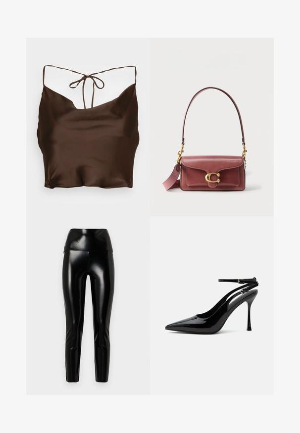 Brun satin camisole med V-udskæring, tynde justerbare stropper og en bindelukning bagpå. Glat tekstur og tætsiddende design.; Sorte faux læder leggings med høj talje, glat tekstur, tætsiddende ben og en blank finish. Ingen synlige sømme eller udsmykninger.; Sort laklæder sandaletter med høje hæle, spids tå og dobbelte ankelstropper med sølvspænder.; Læderhåndtaske i dyb rose, med klaplukning, fremtrædende gulddetaljer og kontrastsyet søm. Kort hank inkluderet.