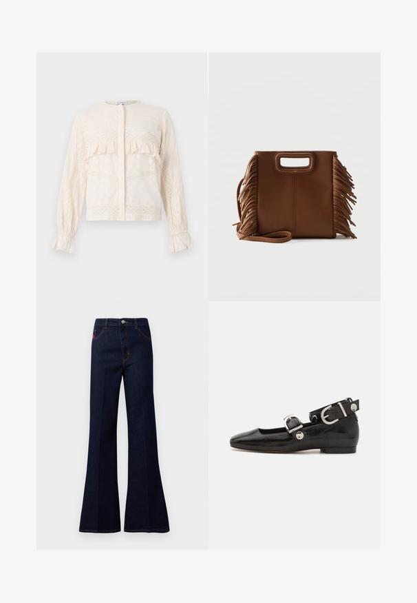 Crème-kleurige blouse met ruffled accenten, ingewikkelde kantdetails, lange mouwen met gerimpelde manchetten en een ronde halslijn.; Donkerblauwe hoge taille flared jeans met een knoop aan de voorkant, rits, zij- en achterzakken, en contrasterende stiksels.; Zwarte gepatineerde leren platte schoen met een vierkante neus, enkelband met zilverkleurige hardware en platte zool. Gladde textuur met minimalistisch ontwerp.; Bruine leren handtas met rechthoekige uitgesneden handvatten, lange band en franjes aan beide zijden tegen een effen achtergrond.