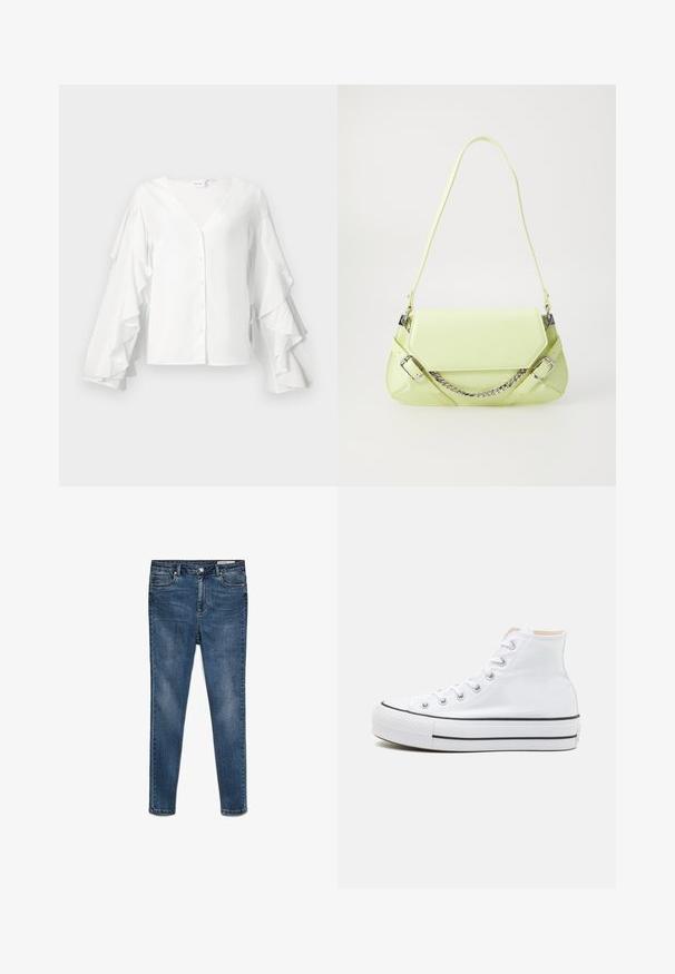 Witte blouse met V-hals, knoopsluiting en volumineuze ruchesleeves. Gemaakt van een gladde stof met een stijlvolle, minimalistische uitstraling.; Donkerblauwe denim skinny jeans met een broekhoogte van gemiddelde lengte, vijf zakken en subtiele vervaging. Voorzien van een knoop- en ritssluiting.; Witte hoge sneakers van canvasmateriaal, zwarte rubberen zool en contrasterende zwarte streep op de tussenzool. Circulaire neus en vetersluiting.; Limoengroene synthetische handtas met een gladde textuur, een afneembare kettingriem en decoratieve gespen; rechthoekige vorm met taps toelopende zijkanten.