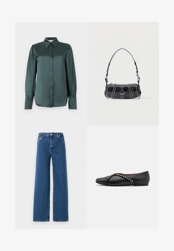 Donker teal lange mouwen satijnen blouse met puntige kraag, verborgen knopenlijst aan de voorkant en verlengde wijde manchetten.; Blauwe hoge taille wijde pijpen jeans met sluiting met knoop en rits aan de voorkant, voorzakken en riemlussen op een witte achtergrond.; Zwarte leren platte schoen met een puntige neus, voorzien van een decoratieve band met zilveren studs en een gespdetail. Soepele textuur, minimalistisch ontwerp.; Zwarte lakleren schoudertas met zilveren studs in verticale rijen en een klein zilveren vogel-embleem in het midden aan de voorkant.