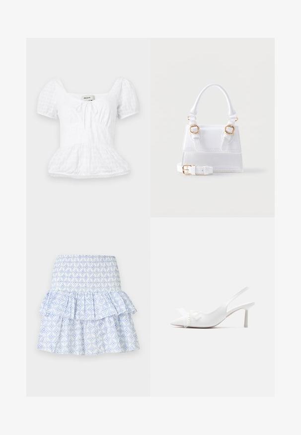 Haut peplum blanc avec un décolleté carré, de courtes manches bouffantes et un détail à cordon de serrage, présentant un motif de grille texturée et une garniture en dentelle.; Jupe blanche avec motif floral géométrique bleu, taille smockée et design à volants superposés.; Escarpin à bout pointu blanc à talon kitten avec bride arrière, orné d'un cœur en perles et d'un détail nœud sur le dessus.; Sac à main structuré blanc avec poignée supérieure, deux boucles dorées sur le devant et une bandoulière amovible et réglable.
