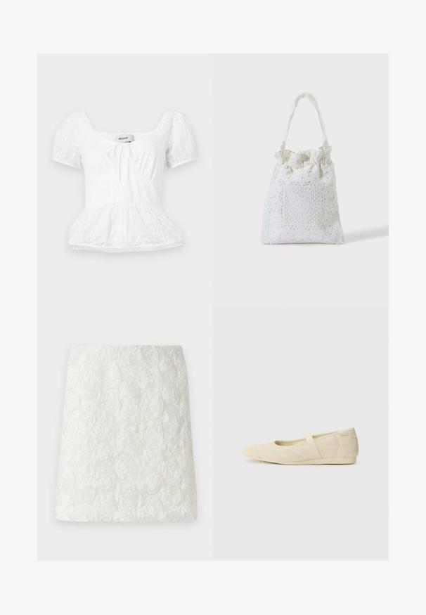 Haut peplum blanc avec un décolleté carré, de courtes manches bouffantes et un détail à cordon de serrage, présentant un motif de grille texturée et une garniture en dentelle.; Jupe mini blanche avec une surface texturée ornée de motifs floraux en relief ressemblant à des roses, fabriquée en tissu léger.; Ballerines beiges avec une exterior en cuir lisse, un bout en forme d'amande et une sangle élastique sur le coup de pied, avec des détails de couture subtils.; Sac cabas en tissu blanc avec broderie florale en dentelle et anse supérieure froncée, présenté sur un fond clair uni.