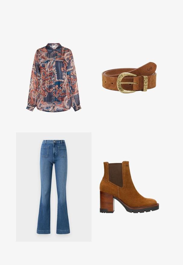 Lange mouwen, knoopsluiting shirt van lichtgewicht, patroonstof met paisley- en geometrische ontwerpen in blauw, rood en crèmekleurige tinten.; Gelaste blauwe spijkerbroeken van denim met een middellange taille, voorzien van twee achterzakken en een schone zoom. Soepele textuur en klassiek ontwerp.; Bruine leren enkellaars met een chunky bruine houten hak, elastische zijpanelen en contrasterende stiksels, met een afgeronde neus en een gestructureerde zool.; Bruine suède riem met gesmede gouden gesp, vijf verstelgaatjes en "Lee" geperst op het uiteinde van de riem.
