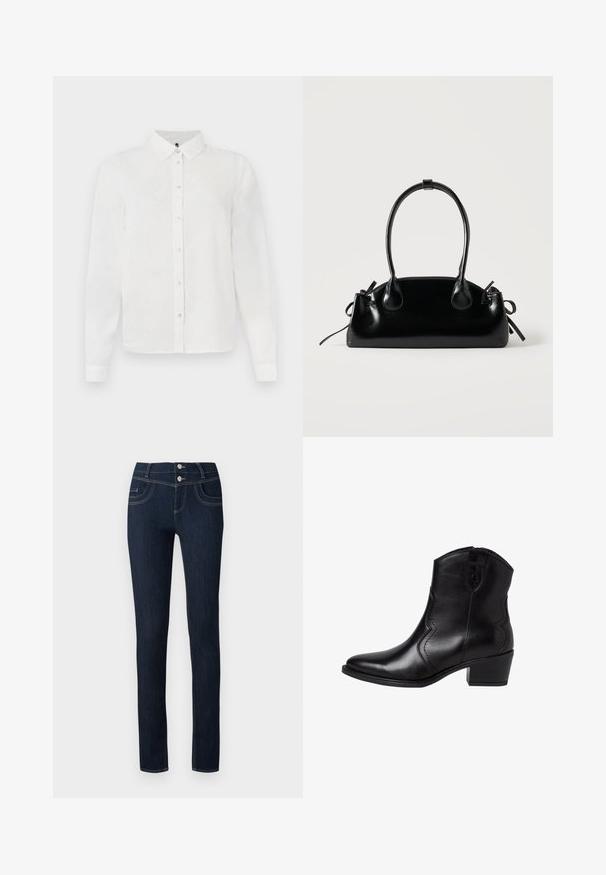Hvid langærmet skjorte med krave, der har et subtilt struktureret mønster og knaplukning foran. Glat stof med en pæn finish.; Mørkvaskede denim jeans med slank pasform, der har dobbeltknaplukning, forlommer og kontraststing.; Sorte læder ankelstøvler med spids tå, buede sidelommer og en lav, blokhæl. Har en lynlås lukning og en glat overflade.; Lille sort blank håndtaske med to lange håndtag og snøre-detaljer i siden på en ensfarvet lys baggrund.